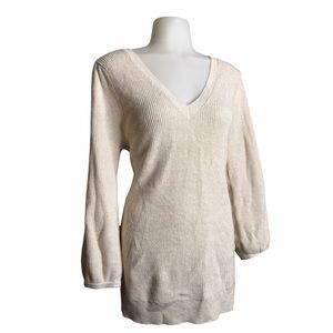 7th Avenue x NY&CO | Cream Metallic Sweater Low VNeck & Puff Sleeves •